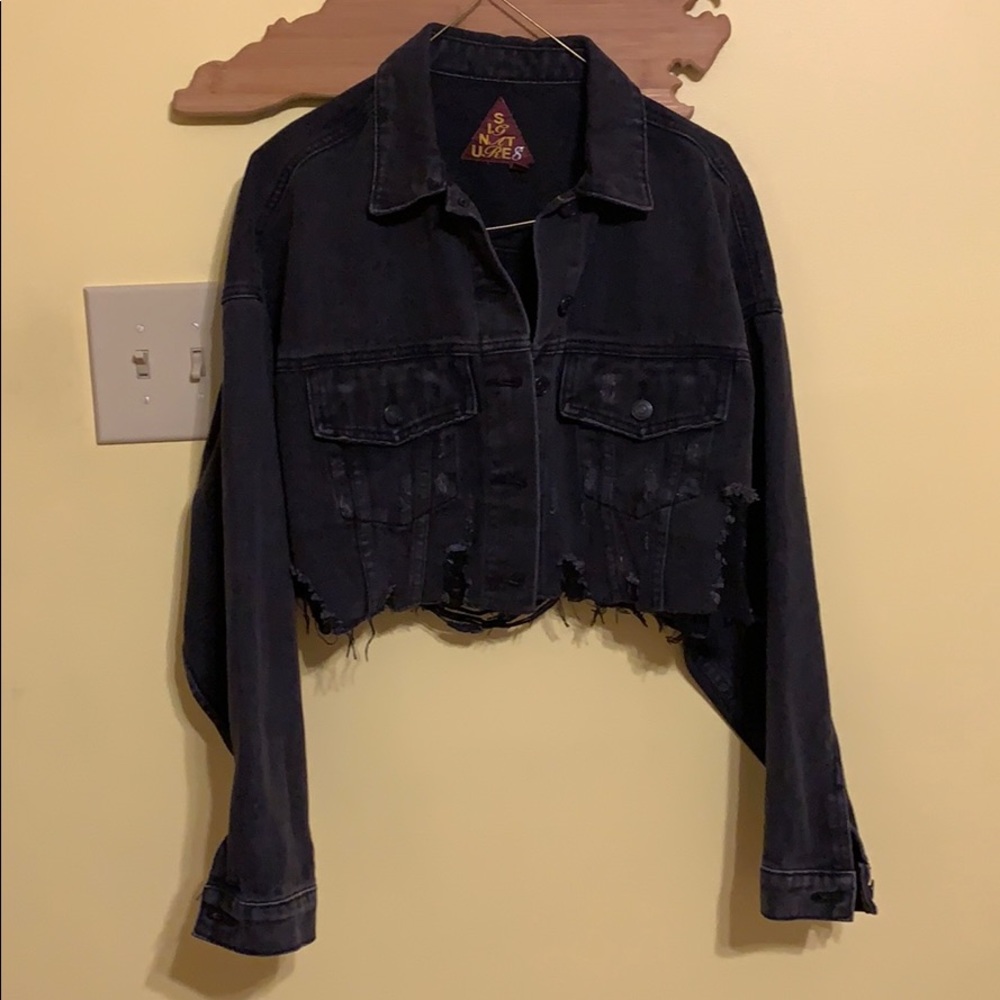 Distressed black cropped denim jacket